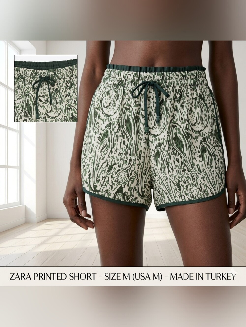 Zara Printed Women's Drawstring Shorts in Green/White Sz M